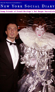 Press Clip: New York Social Diary: Title: "Young Friends of French Heritage's Bal Masque Surrealiste." Photo: George Costacos and Nikos Floros, winner of the French Heritage Society's first-ever prize for best costume design.
