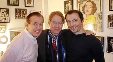 "The Producers" at the St. James Theatre on Broadway: Lee Roy Reams who stars as Roger DeBris, Steve Ross and George Costacos at Lee Roy's dressing room.