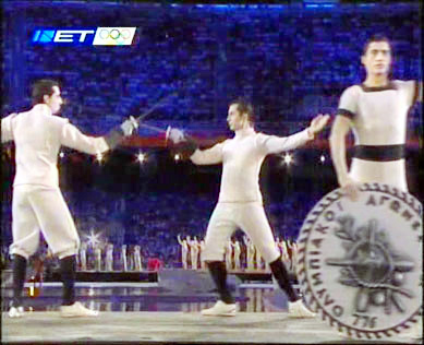 NET TV Glolal Broadcast: Athens 2004 Olympic Games Opening Ceremony. Detail: George Costacos, as 1896 Olympic Revival Fencer. August 13, 2004.