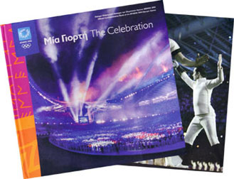 George Costacos in "The Celebration" (Mia Giorti), The Official Commemorative Book of the Athens 2004 Olympic Games, by International Sports Publications -- in English and Greek.  Page Detail: George Costacos, as 1896 Olympic Revival Fencer in the Opening Ceremony of the Athens 2004 Olympic Games.